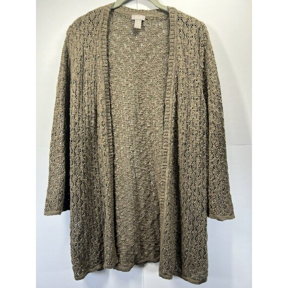 Chicos Sweater Open Crochet Size Large Tan Brown Beach Stretch Cotton Blend Knit - Picture 2 of 9